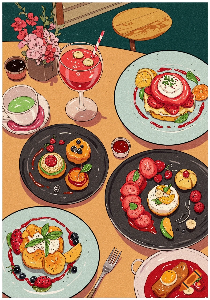 An illustrative overhead view of various trendy food dishes, including pancakes, desserts, and drinks on a table with a distinct art style.