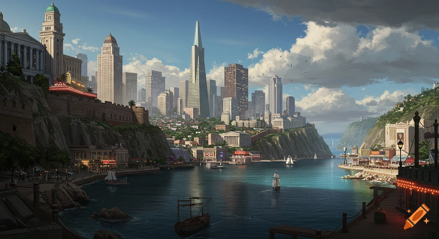 A vibrant cityscape inspired by 1920s-1950s American aesthetics, featuring a bay with boats, a blend of historical and modern buildings, and a prominent skyscraper, under a partly cloudy sky.