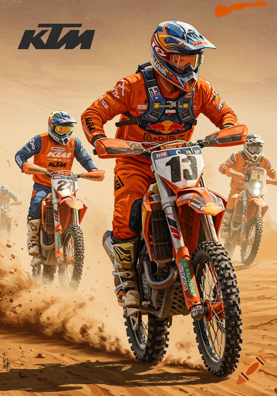 Motocross riders in orange racing suits on dirt bikes kick up dust as they race across a desert landscape under a clear sky, with a large KTM logo in the background.