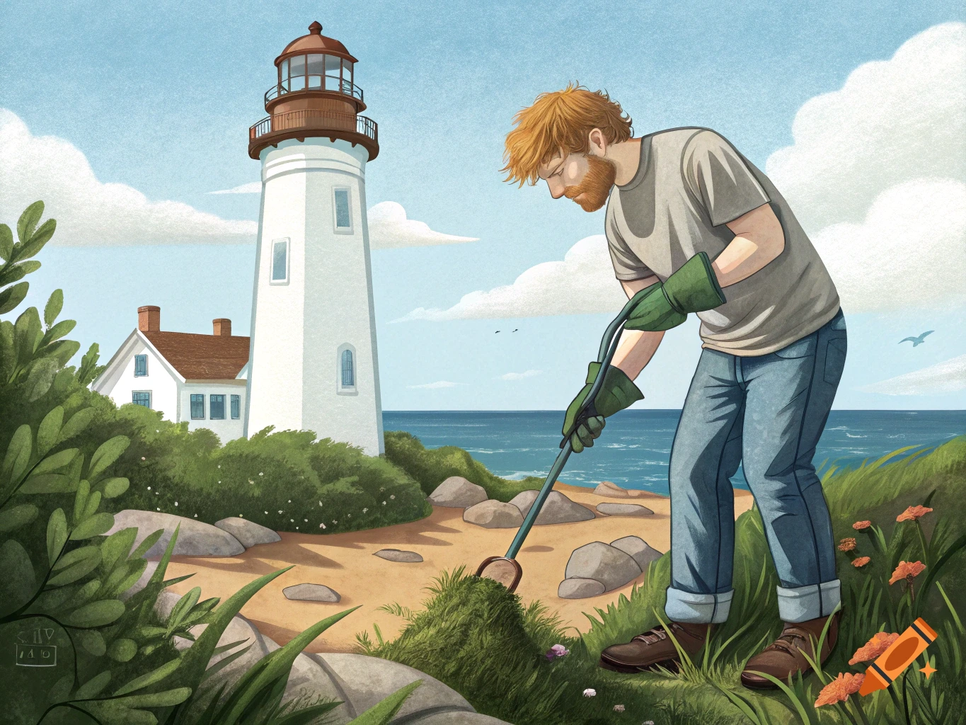 An illustrated man with red hair and beard, resembling Ed Sheeran, pulls weeds on a rocky beach near a white lighthouse.