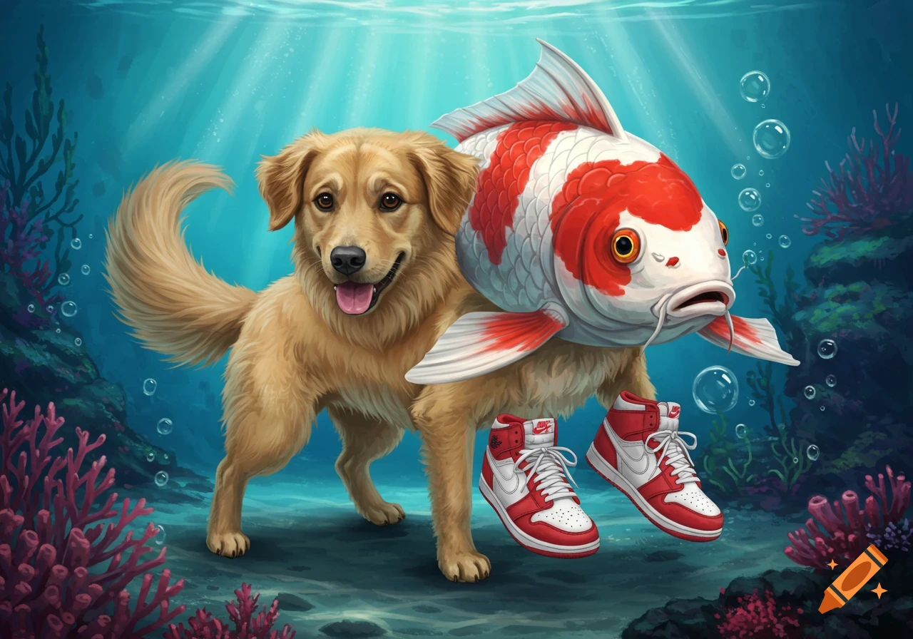 A smiling golden retriever-koi fish hybrid stands underwater wearing red and white high-top sneakers, with coral and bubbles around it.