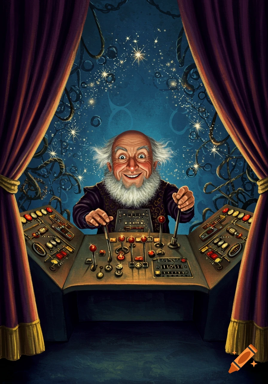 A smiling, white-bearded man in a dark robe operates a complex control panel behind red curtains, with a starry, mystical background.