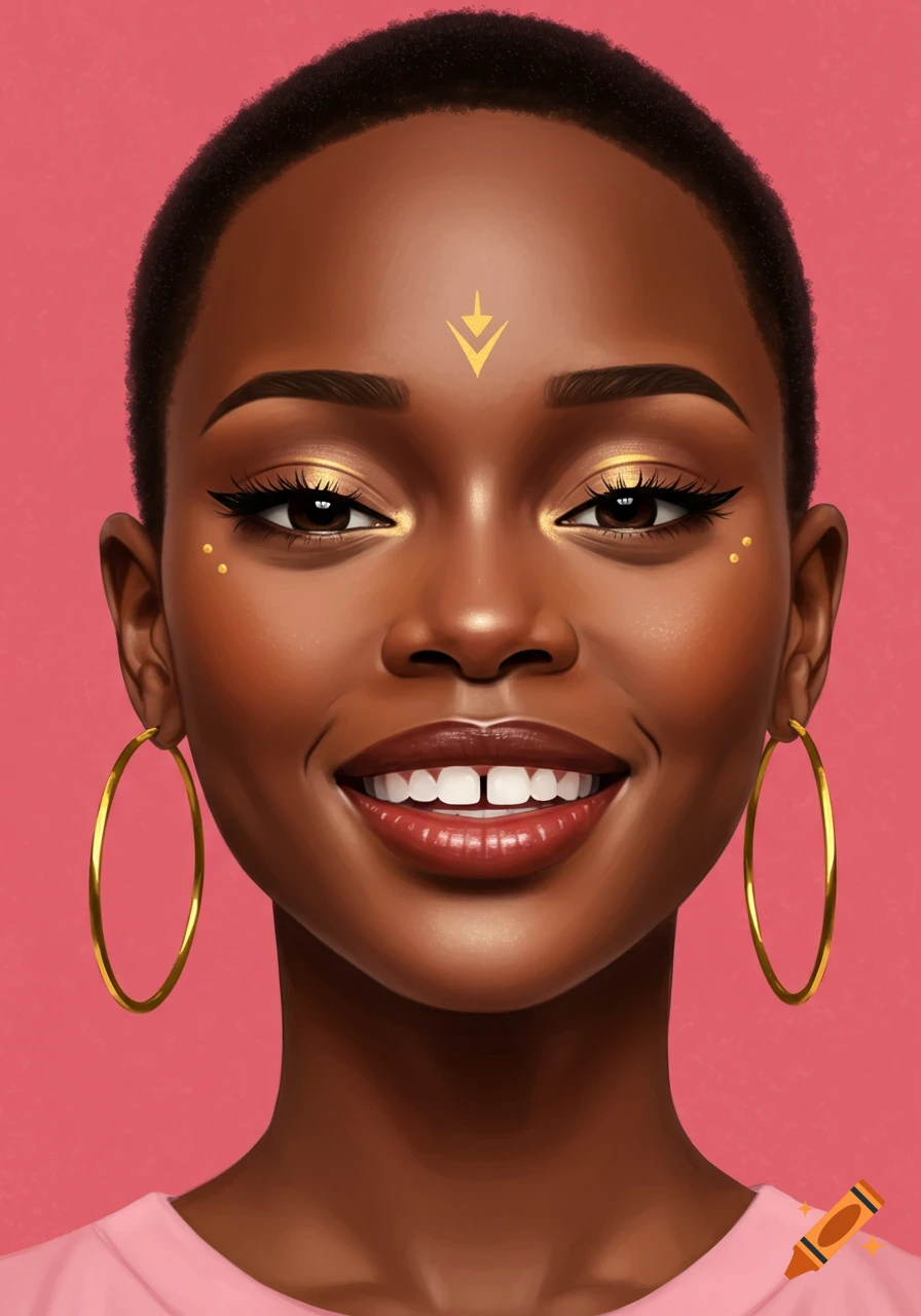 Close-up portrait of a smiling Black woman with short hair, gold eye makeup, and hoop earrings against a pink background, in an illustrated style.