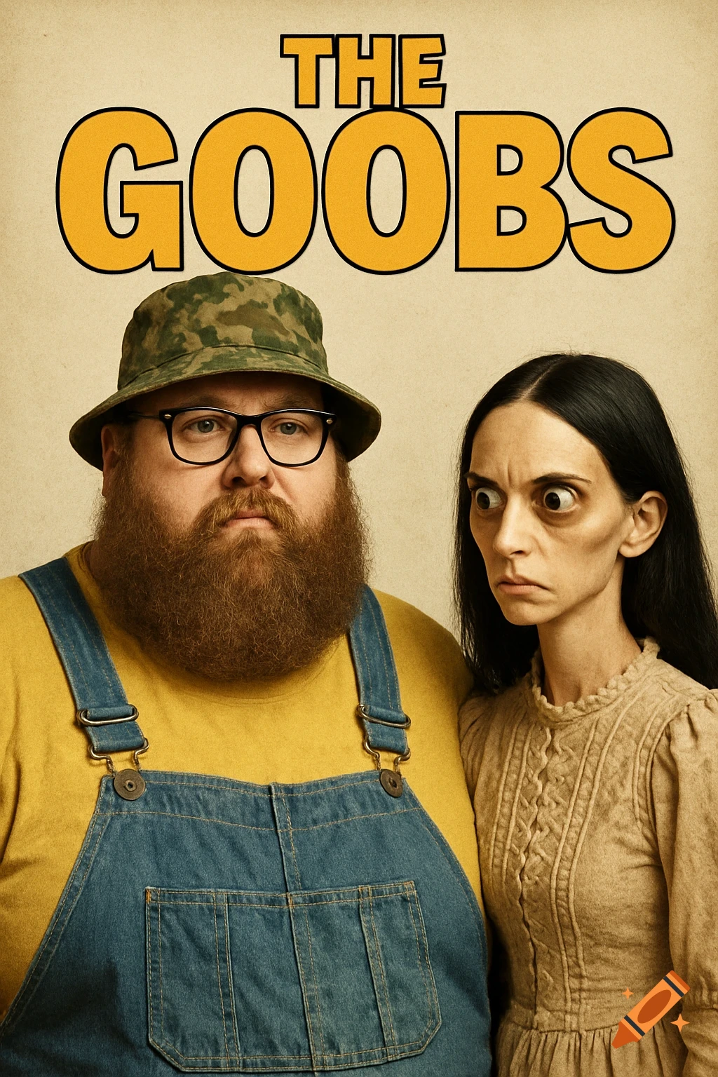 Movie poster for 'The Goobs' featuring a bearded man in overalls and a thin woman with wide eyes, in a photorealistic style.