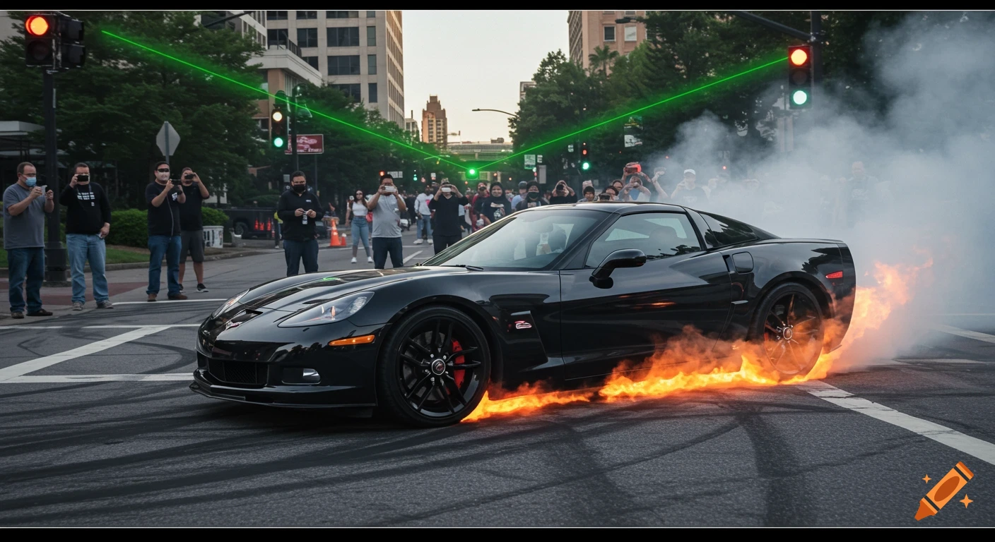A black C6 Corvette performs a fiery burnout on a city street, engulfed in smoke and flames, while a crowd watches and films under green laser lights.