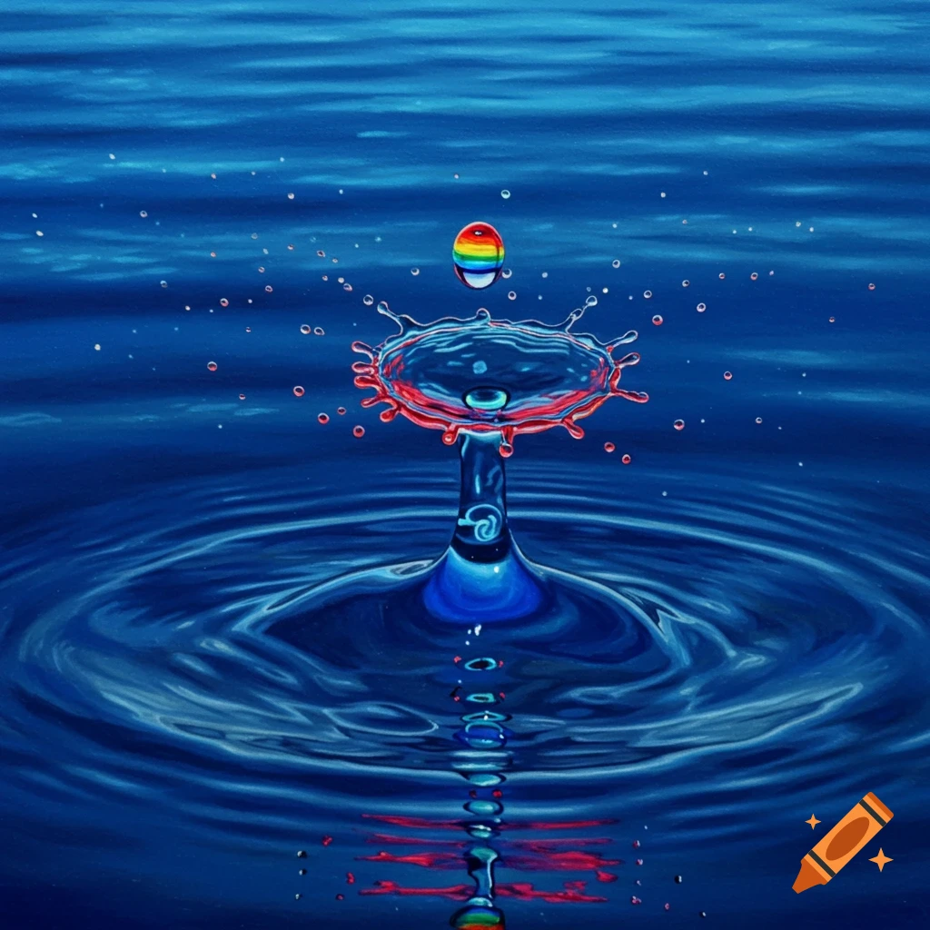 A rainbow-striped water drop impacts a dark blue liquid surface, creating a vibrant splash and concentric ripples.