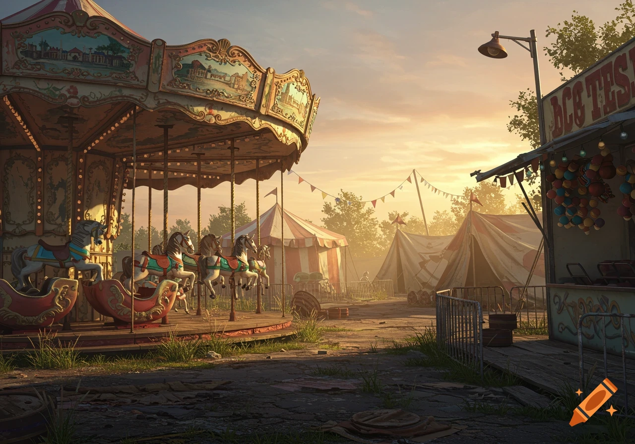 An old, abandoned carousel with faded horses stands in a desolate fairground at sunset, with dusty tents and overgrown grass.