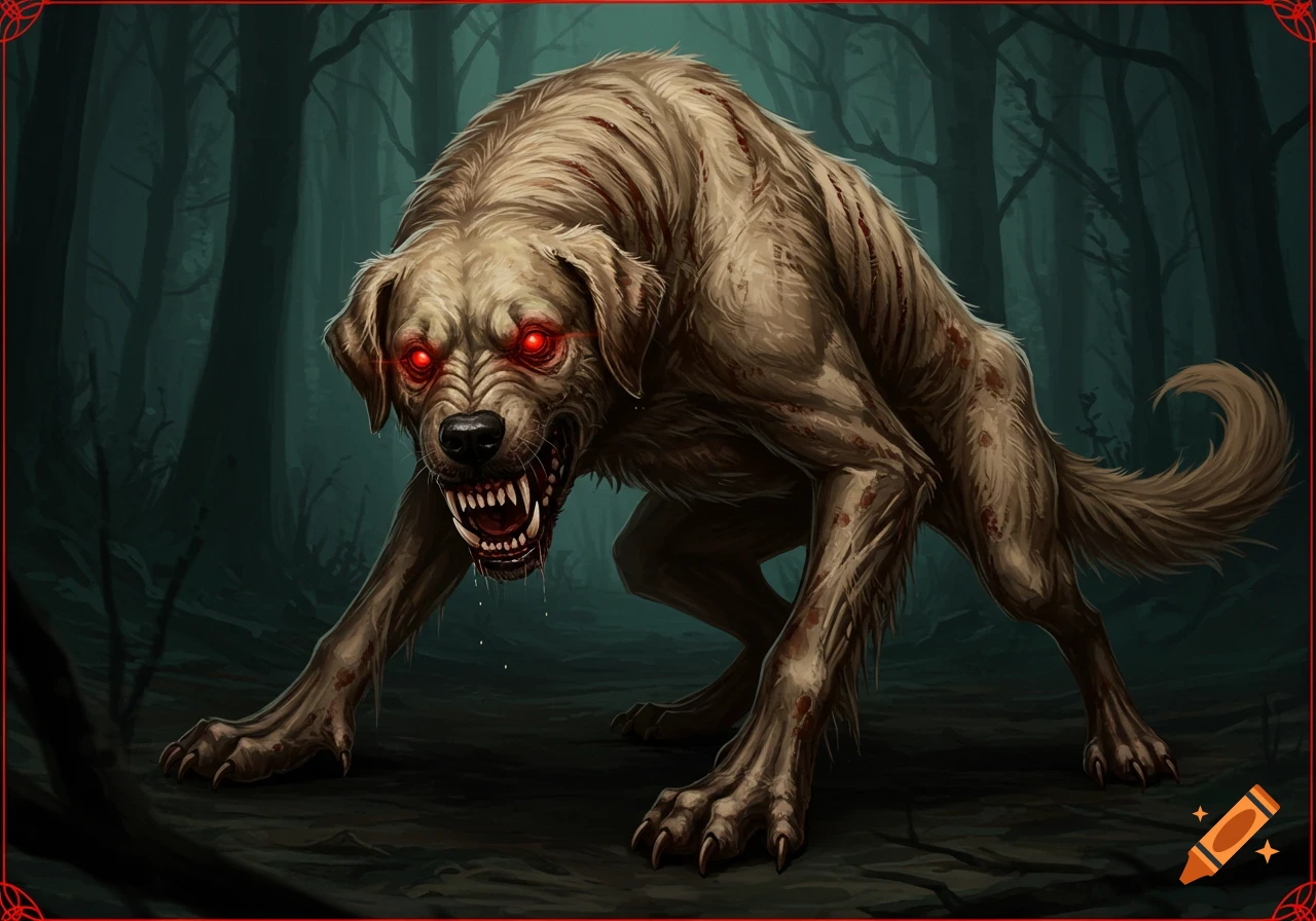 A menacing golden retriever monster with glowing red eyes, sharp fangs, and blood-stained fur, crouches in a dark forest.