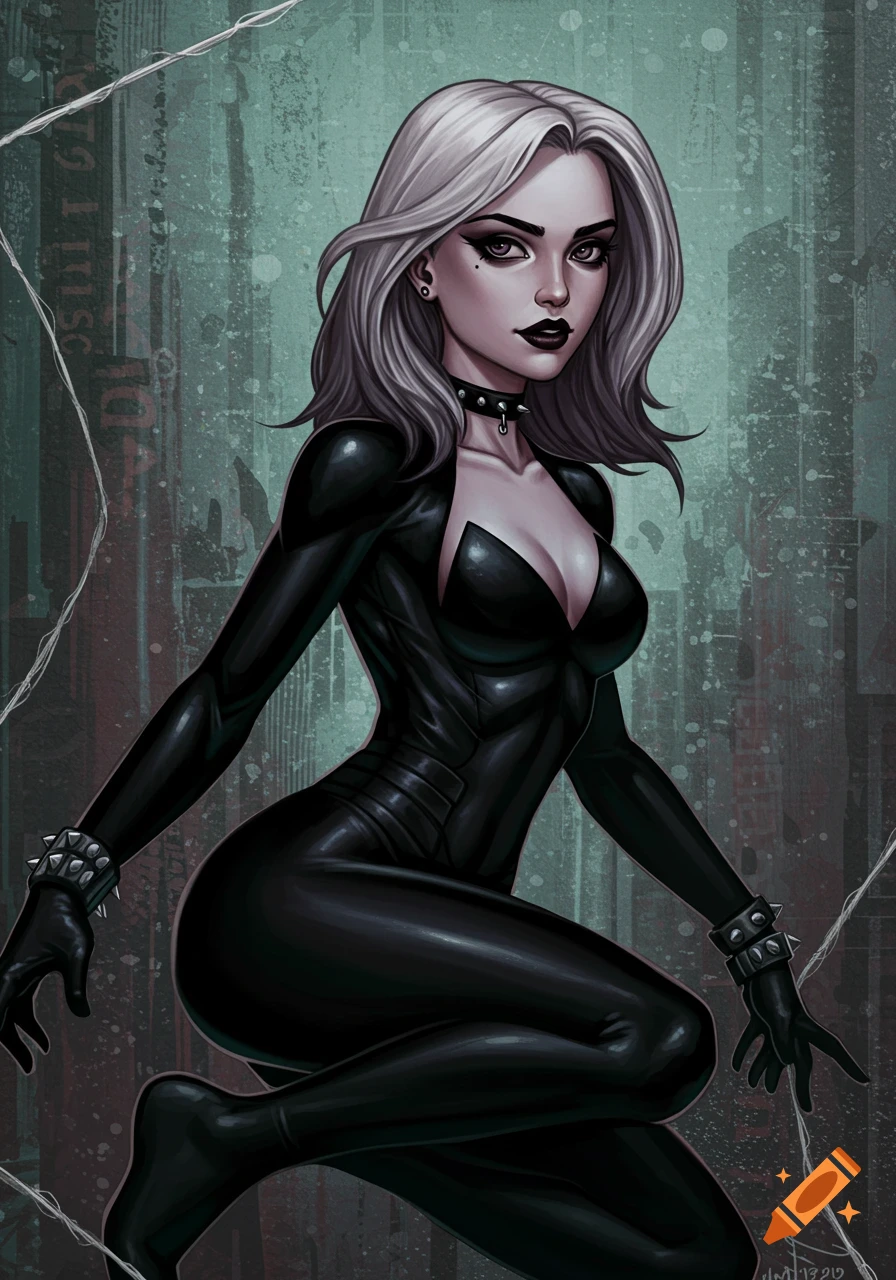 Full body portrait of a character resembling Marvel's Black Cat with silver hair, dark makeup, and a black latex suit, against a distressed background.