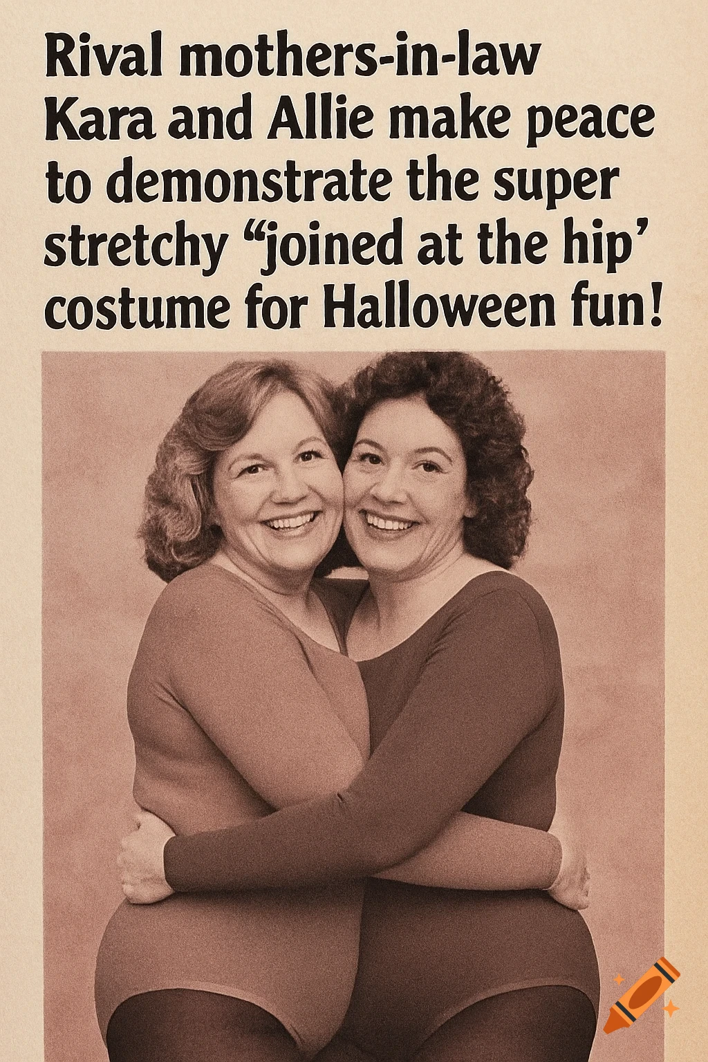 Two smiling women in sepia tones, wearing a combined full-body leotard to create a 'joined at the hip' Halloween costume, like a 1970s magazine photo.