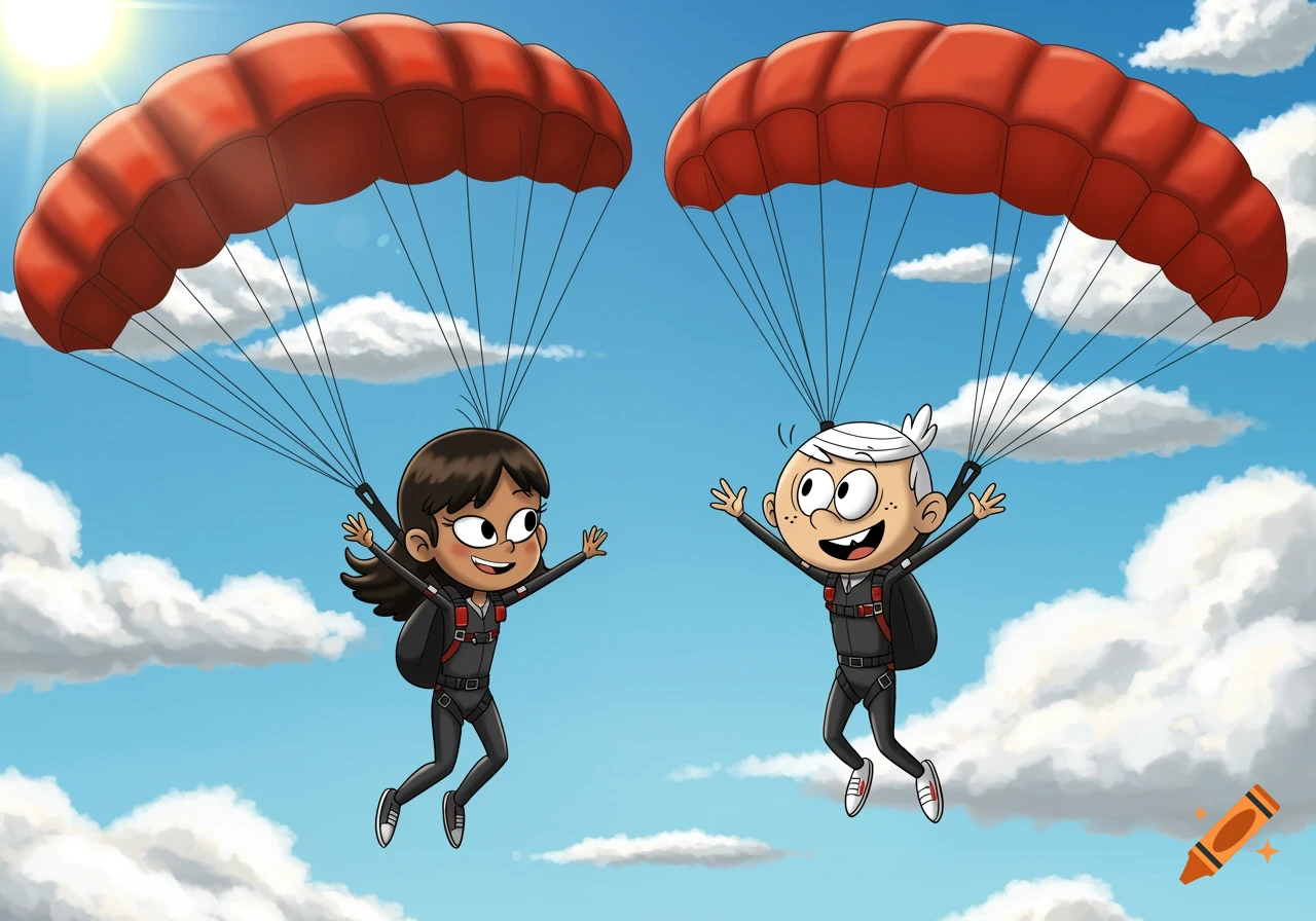 Cartoon of Lincoln Loud and Stella Zhau smiling and floating in a bright blue sky with red parachutes.