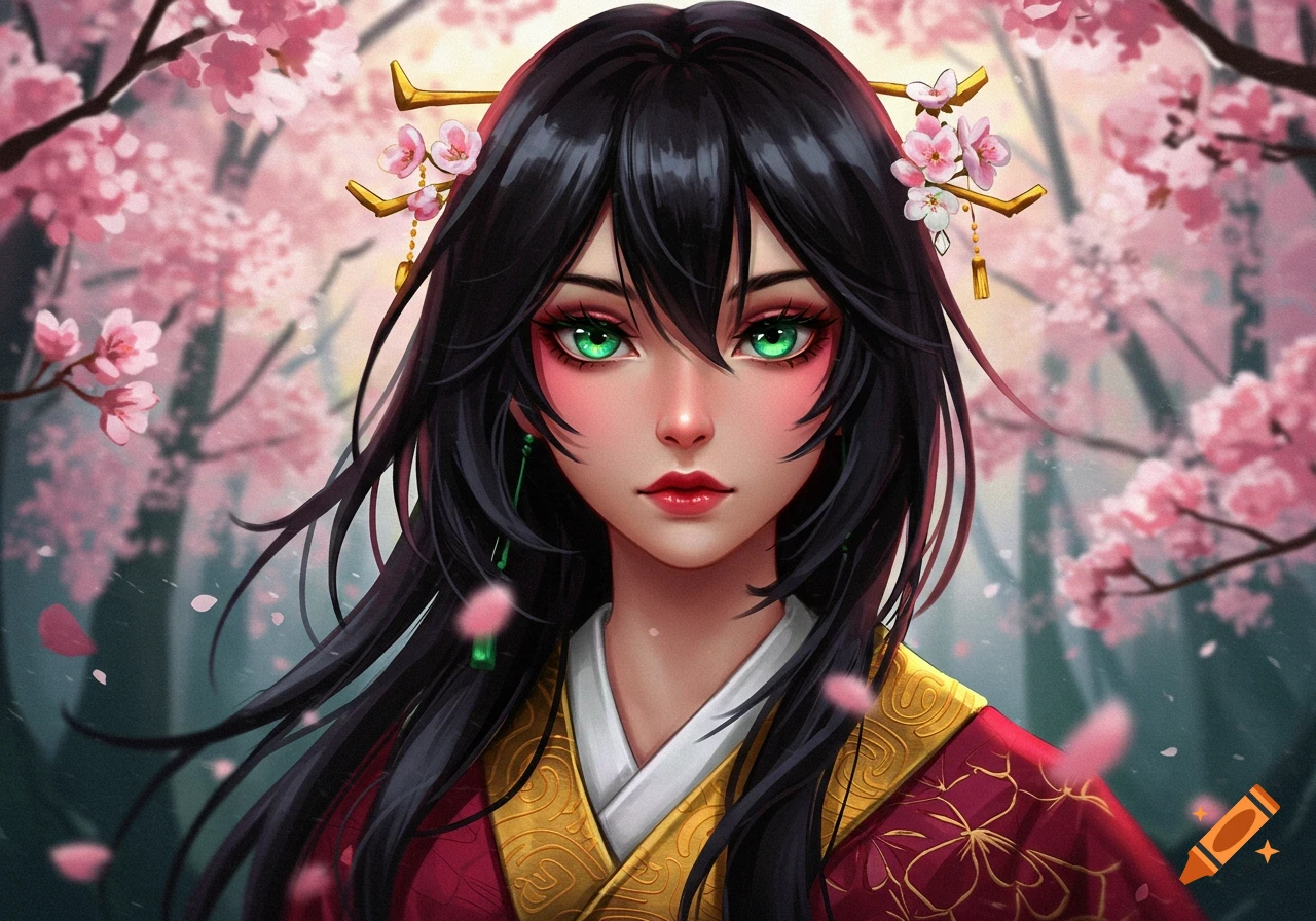 Anime portrait of a woman with black hair and green eyes in a red and gold kimono, surrounded by pink cherry blossoms.