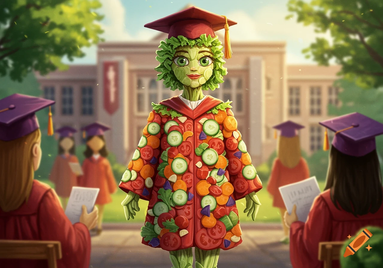 Cartoon salad character in a red graduation gown stands at a ceremony in front of a school.
