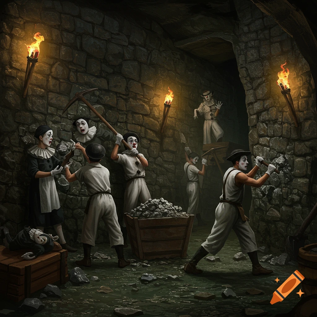 Mimes in a dark, torch-lit stone mine, with some mining rock and one mime lying on a wooden crate, in a detailed, illustrative style.