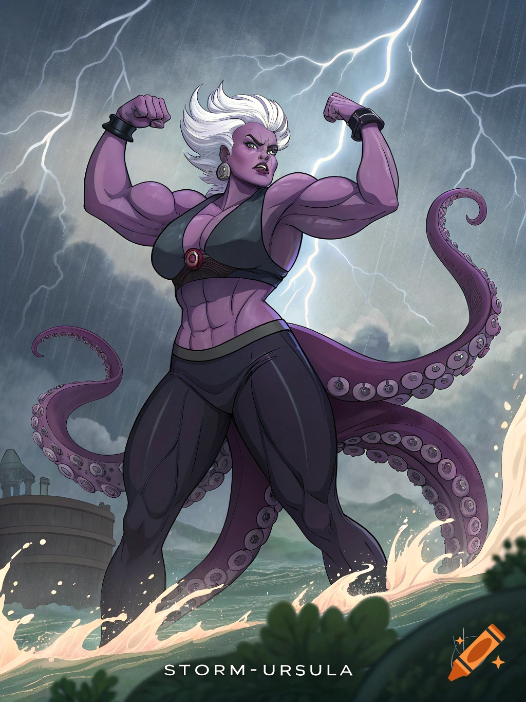 Muscular purple woman with white hair and octopus tentacles for legs poses in stormy water with lightning, in a comic art style.