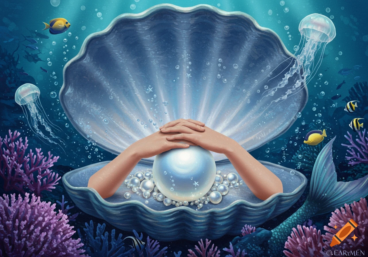 Human-like hands rest on a glowing pearl inside an open clam, surrounded by coral, fish, jellyfish, and a mermaid tail in a vibrant blue underwater scene.