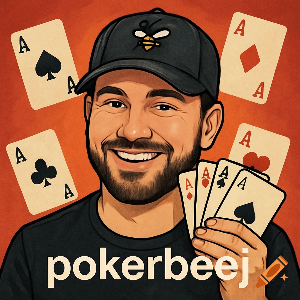 Cartoon illustration of a smiling bearded man in a bee-logo cap and pokerbeej t-shirt, holding ace cards.