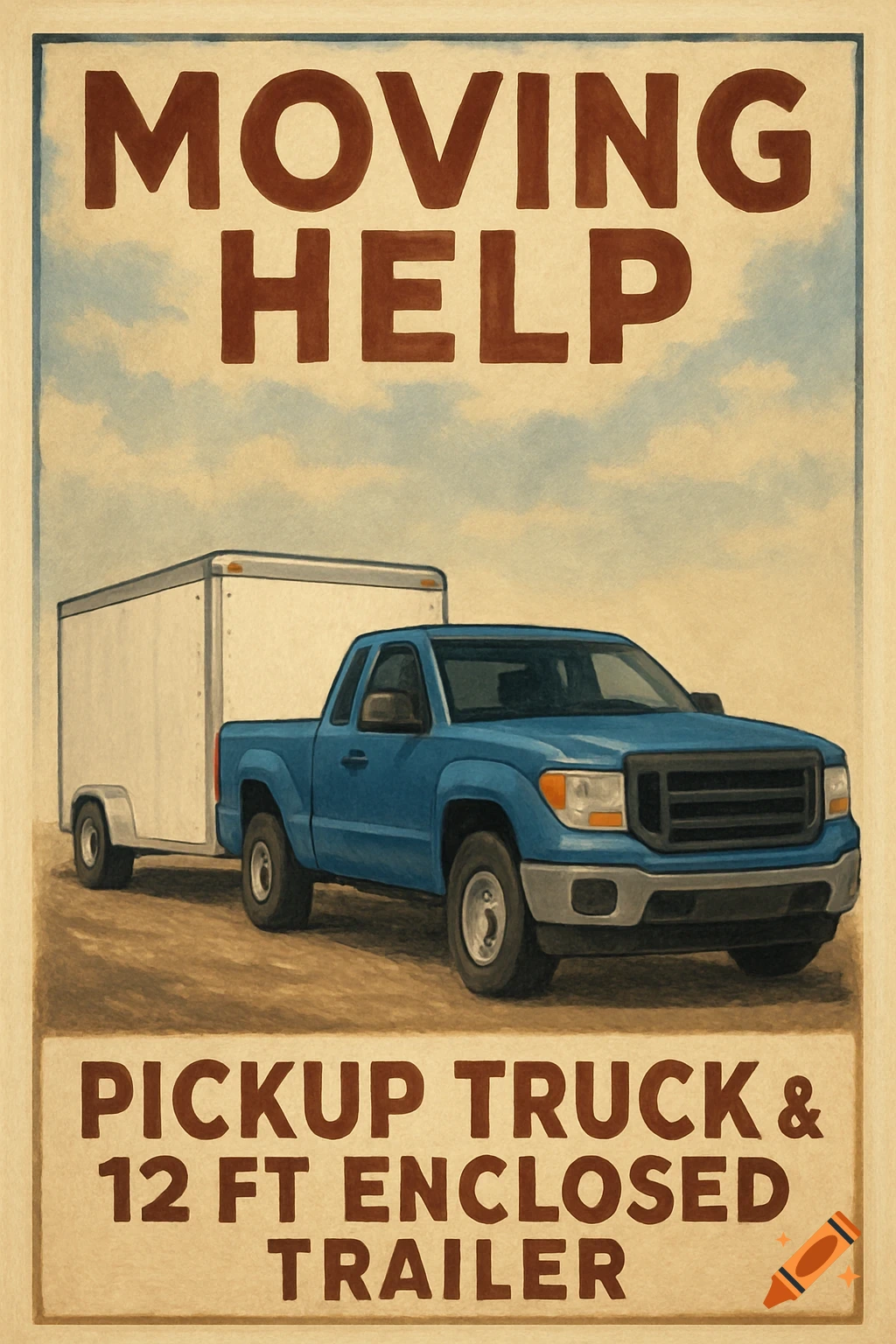 A poster advertising moving help, featuring a blue pickup truck towing a white enclosed trailer.