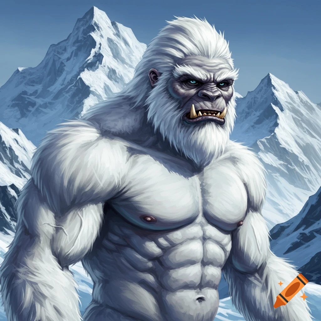 A muscular white yeti with blue eyes and tusks stands in a snowy mountain landscape, depicted in an illustration.
