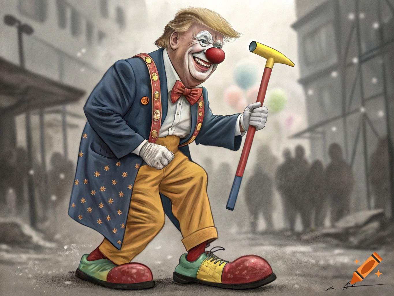 A caricature of Donald Trump dressed as a clown, holding a large mallet, smiling in an urban setting.