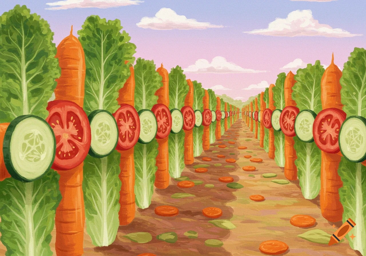 A surreal field with rows of giant lettuce and carrots, interspersed with cucumber and tomato slices, under a cloudy sky.