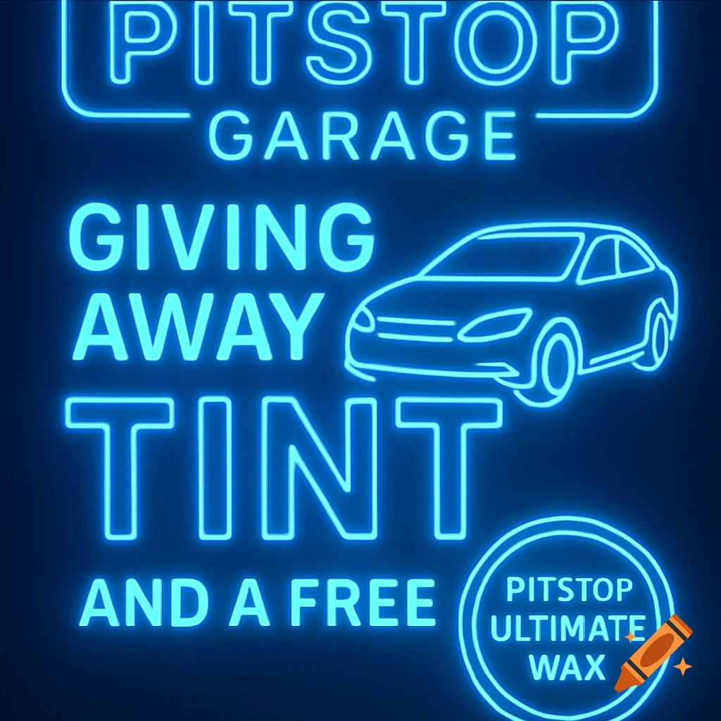 A neon blue sign for "PitStop Garage" offering "Giving Away Tint and a Free PitStop Ultimate Wax", with a blue outline of a car.