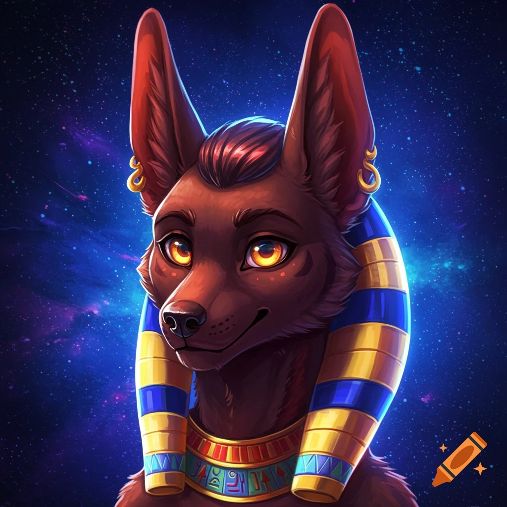 Anubis-like anthropomorphic brown jackal wearing an Egyptian headdress and collar, against a starry cosmic background.