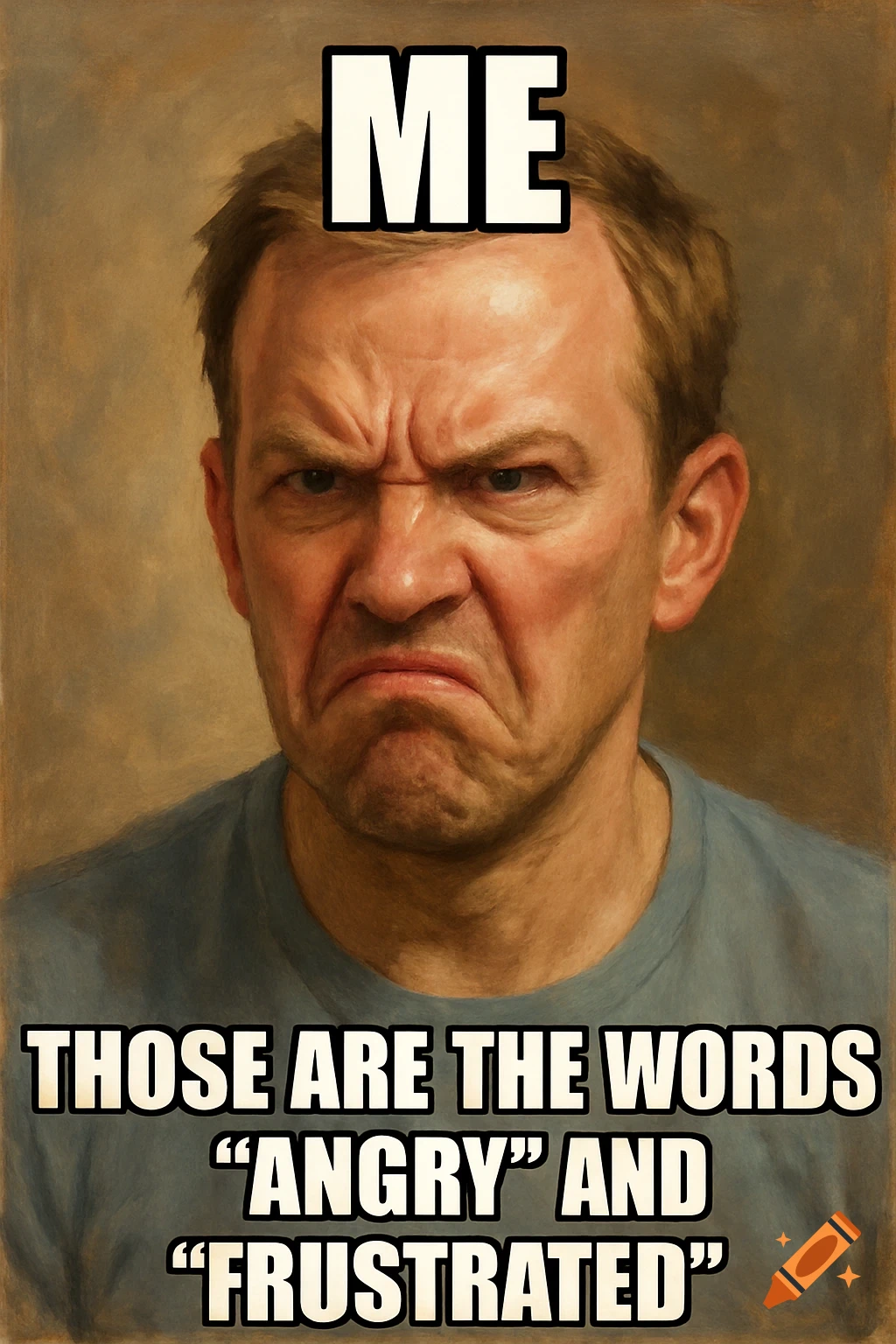 A close-up, painterly portrait of a scowling man with text 'ME' and 'THOSE ARE THE WORDS "ANGRY" AND "FRUSTRATED"'.