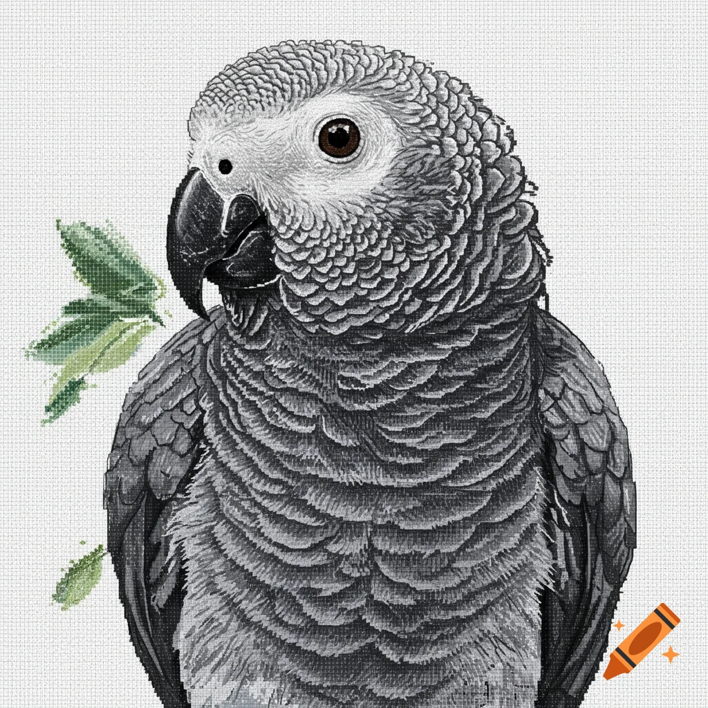 A detailed cross-stitch pattern of an African grey parrot on a white background.