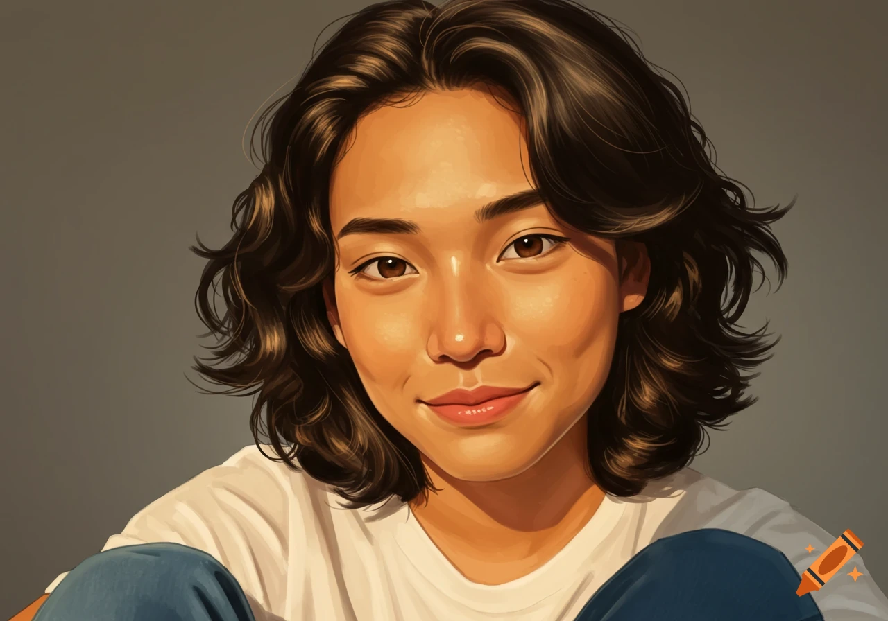 A digital painting portrait of a young person with dark wavy hair and a warm complexion, smiling slightly.