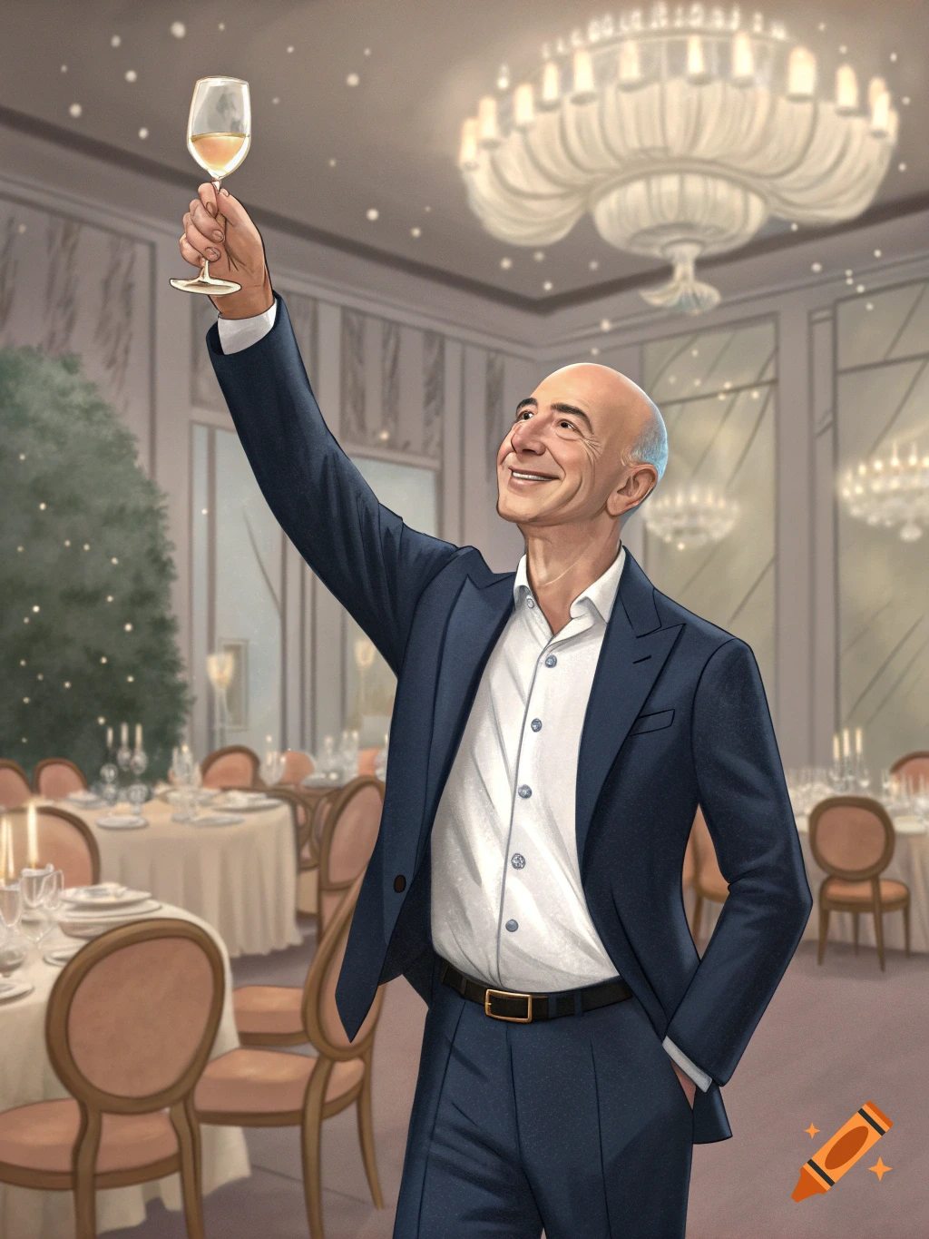 Illustration of Jeff Bezos, a bald man in a dark suit, smiling and raising a glass of wine to toast in an elegant ballroom.