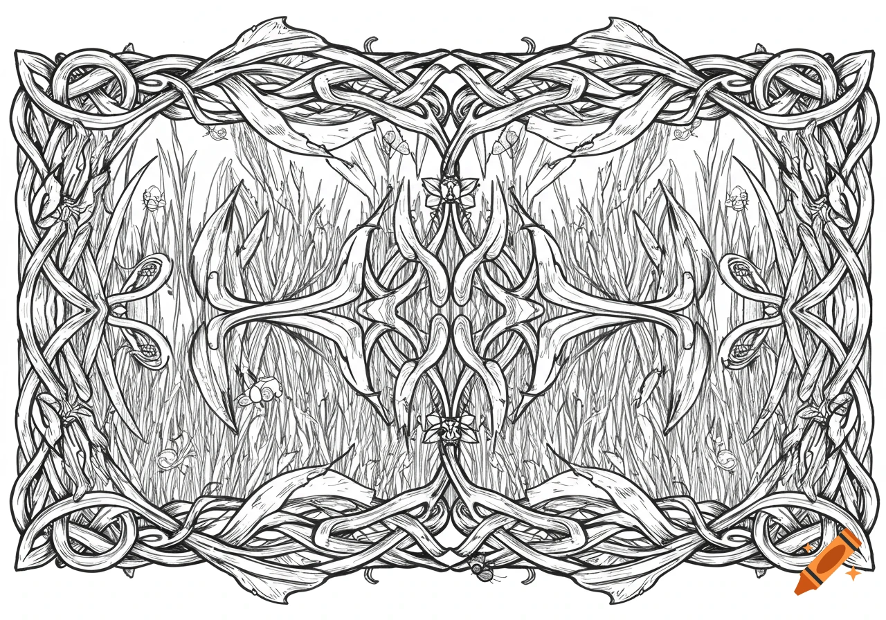 Black and white Celtic knot pattern made from leaves and grass with small insects, in a vector line art style.