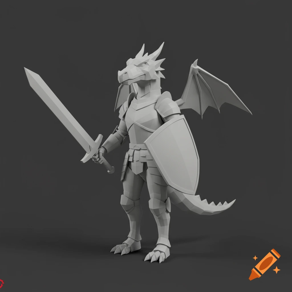 A low-poly 3D model of a grey dragon knight wearing armor, holding a sword and shield in a T-pose against a dark background.