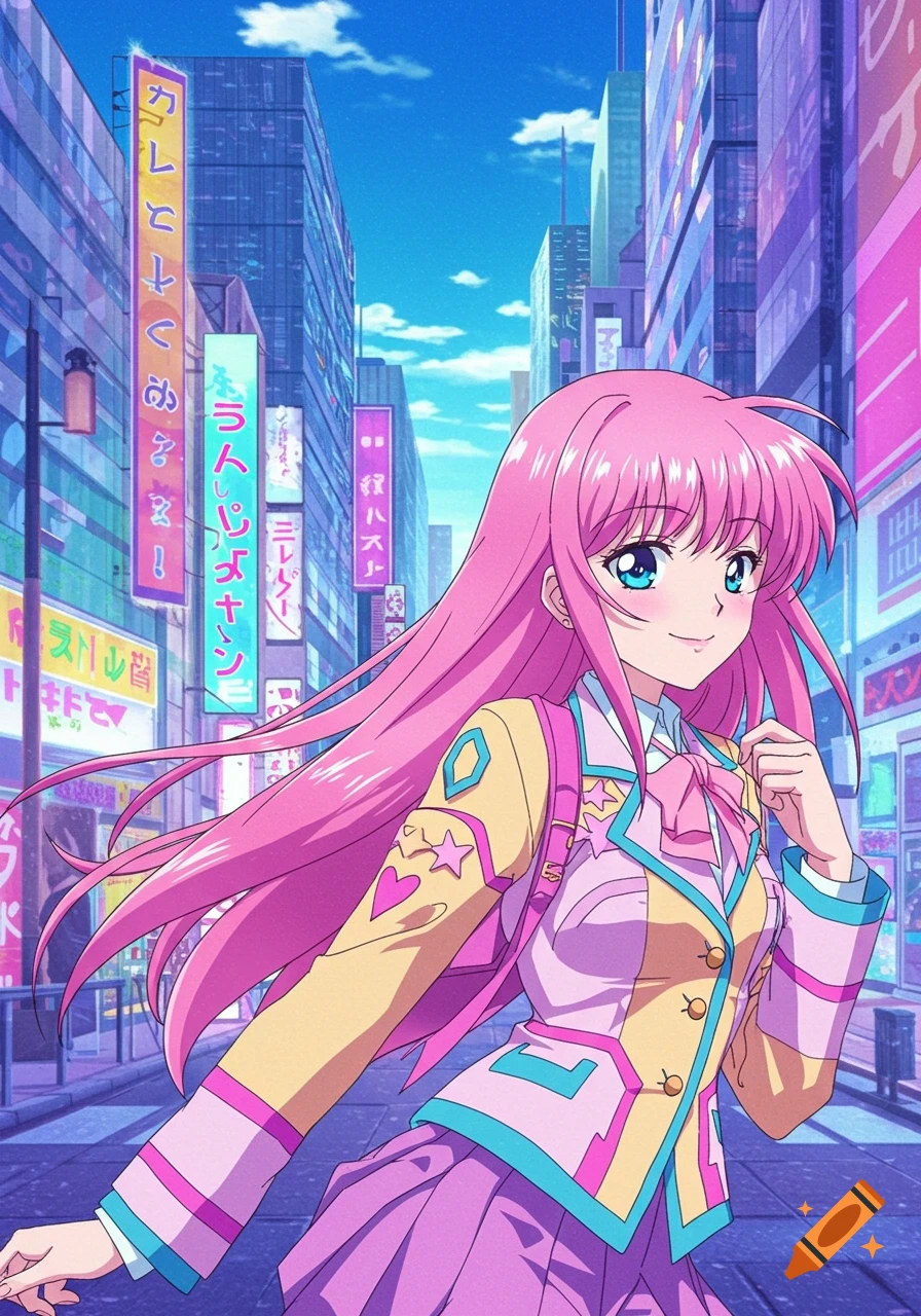 A smiling anime girl with long pink hair and blue eyes stands on a vibrant city street lined with neon signs, wearing a pink and yellow school uniform.
