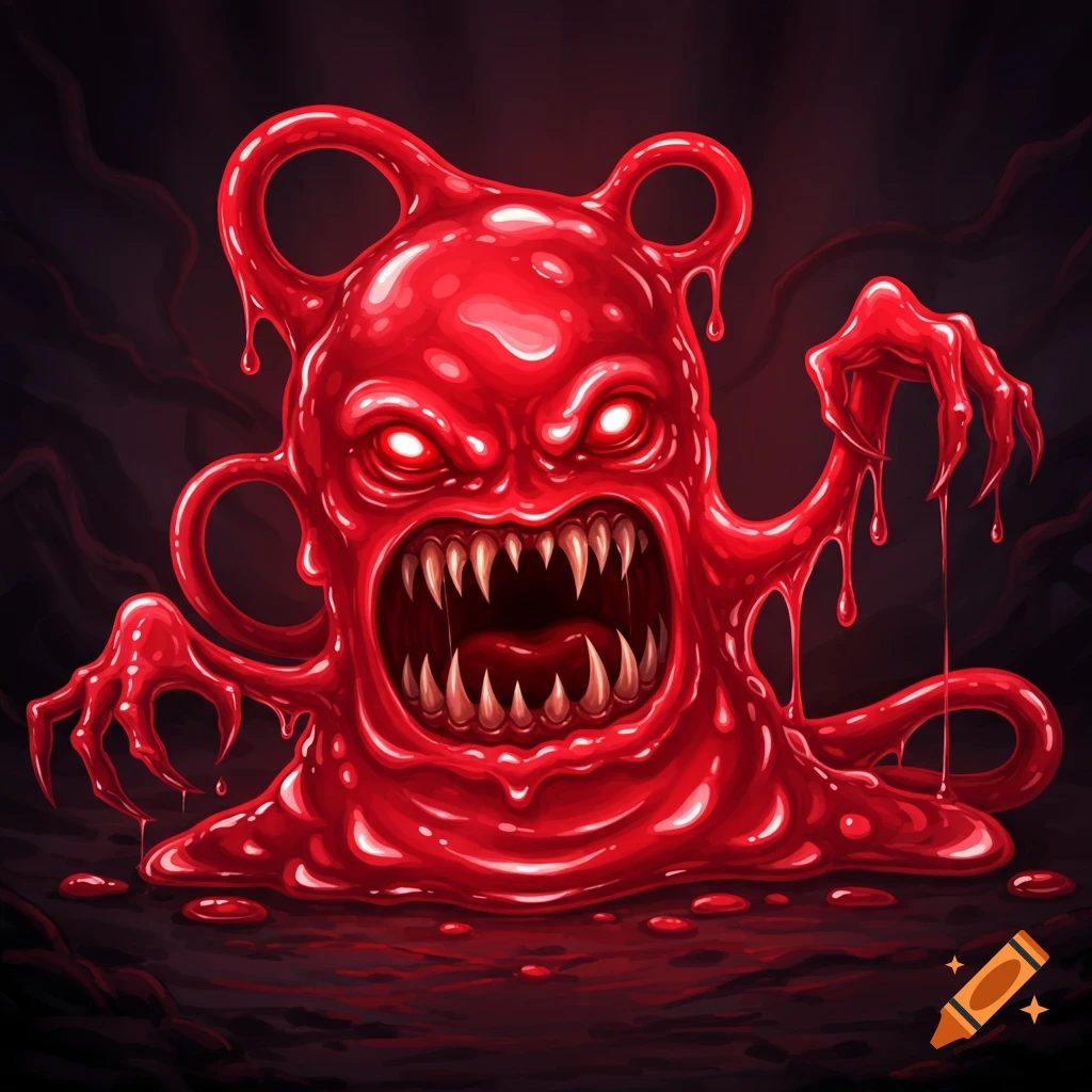 A menacing red slime monster with glowing eyes, sharp teeth, and clawed hands, rendered in a creepy illustration style.