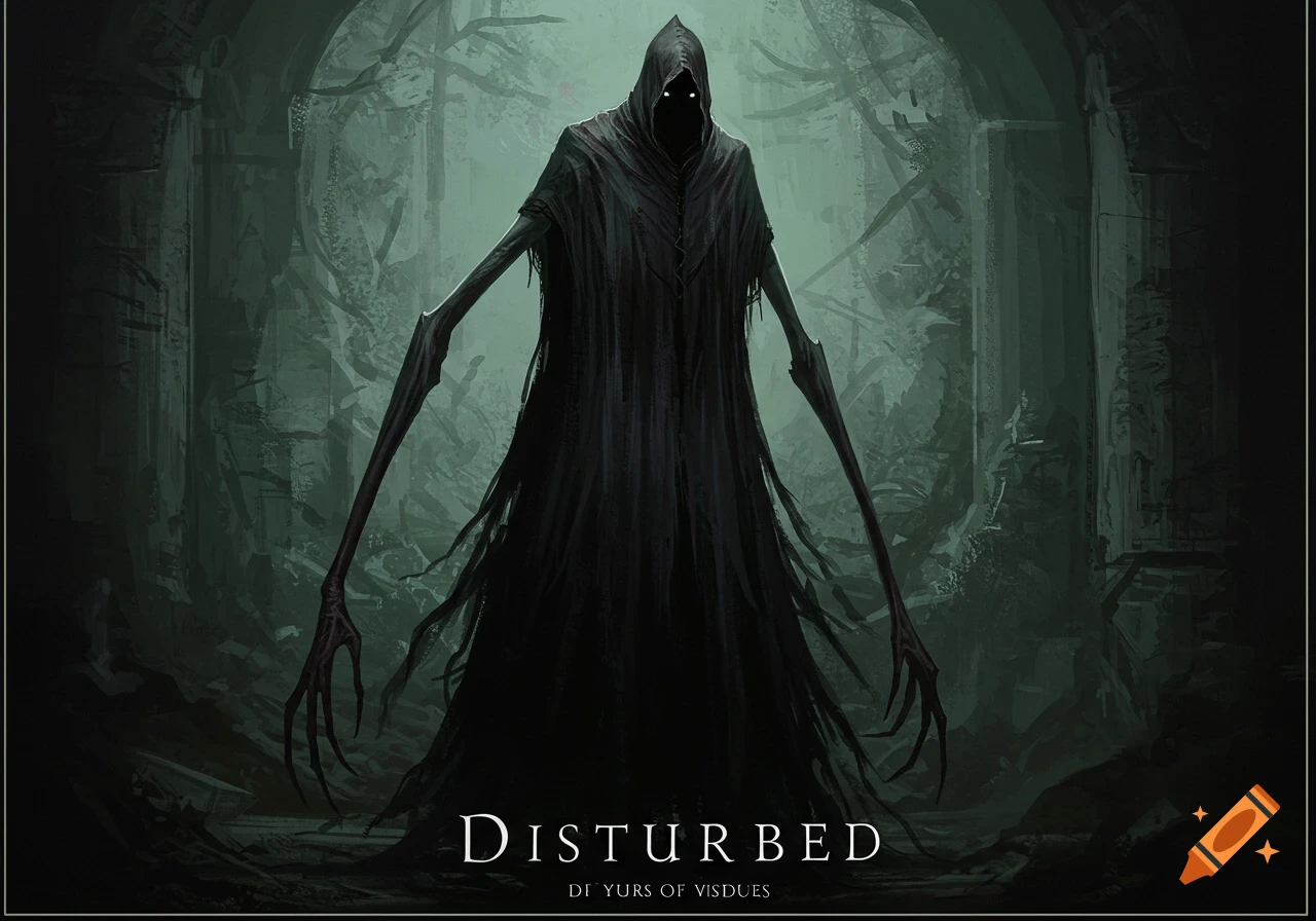 A tall, slender, shadowy figure in a dark, tattered cloak with long, bony arms and glowing white eyes stands in a dark, overgrown, ruined environment.