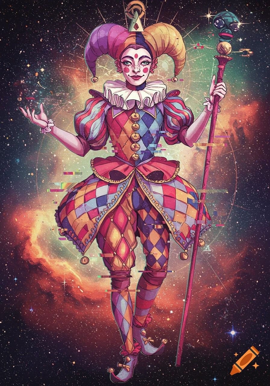 A colorful jester-like figure in a harlequin costume holds a staff against a cosmic background, with digital glitch effects.