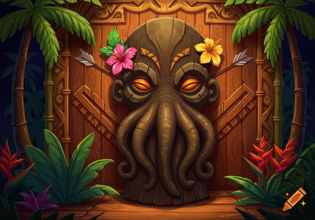 A stylized Cthulhu tiki mask with glowing orange eyes and pink and yellow hibiscus flowers, flanked by palm trees and arrows.