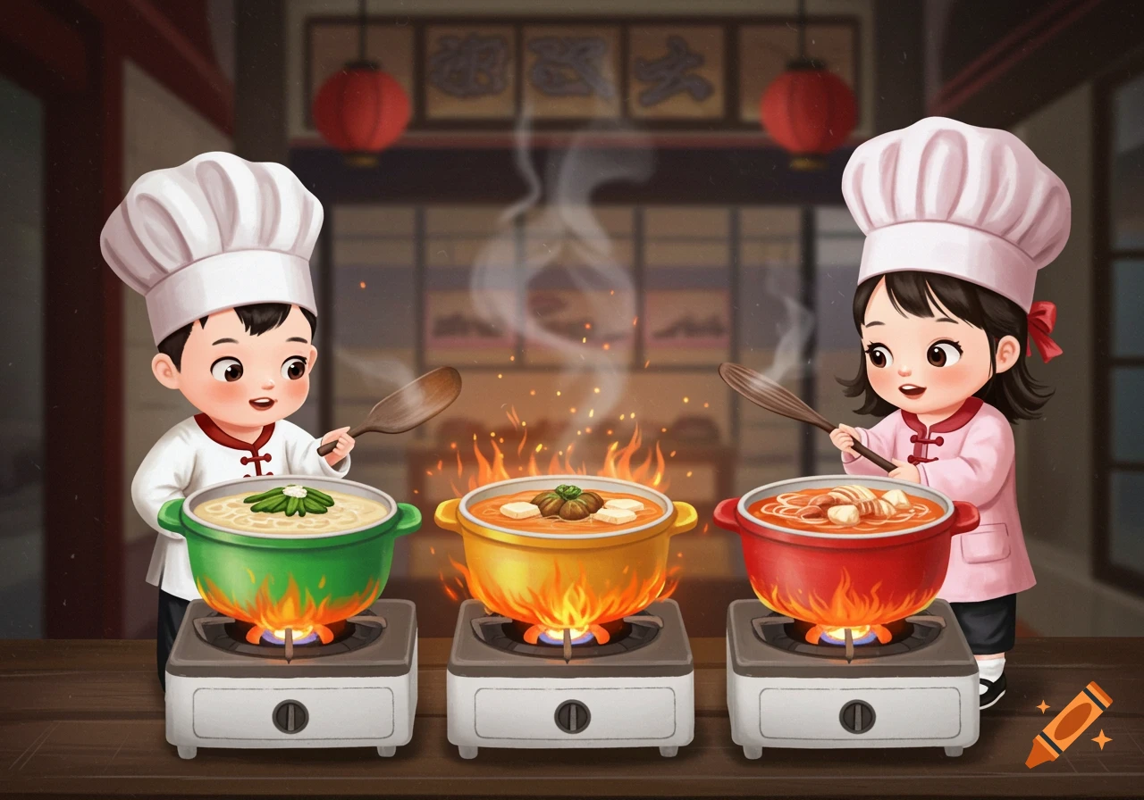Two cartoon children dressed as chefs cook at colorful hotpots over flames in a Chinese restaurant setting.