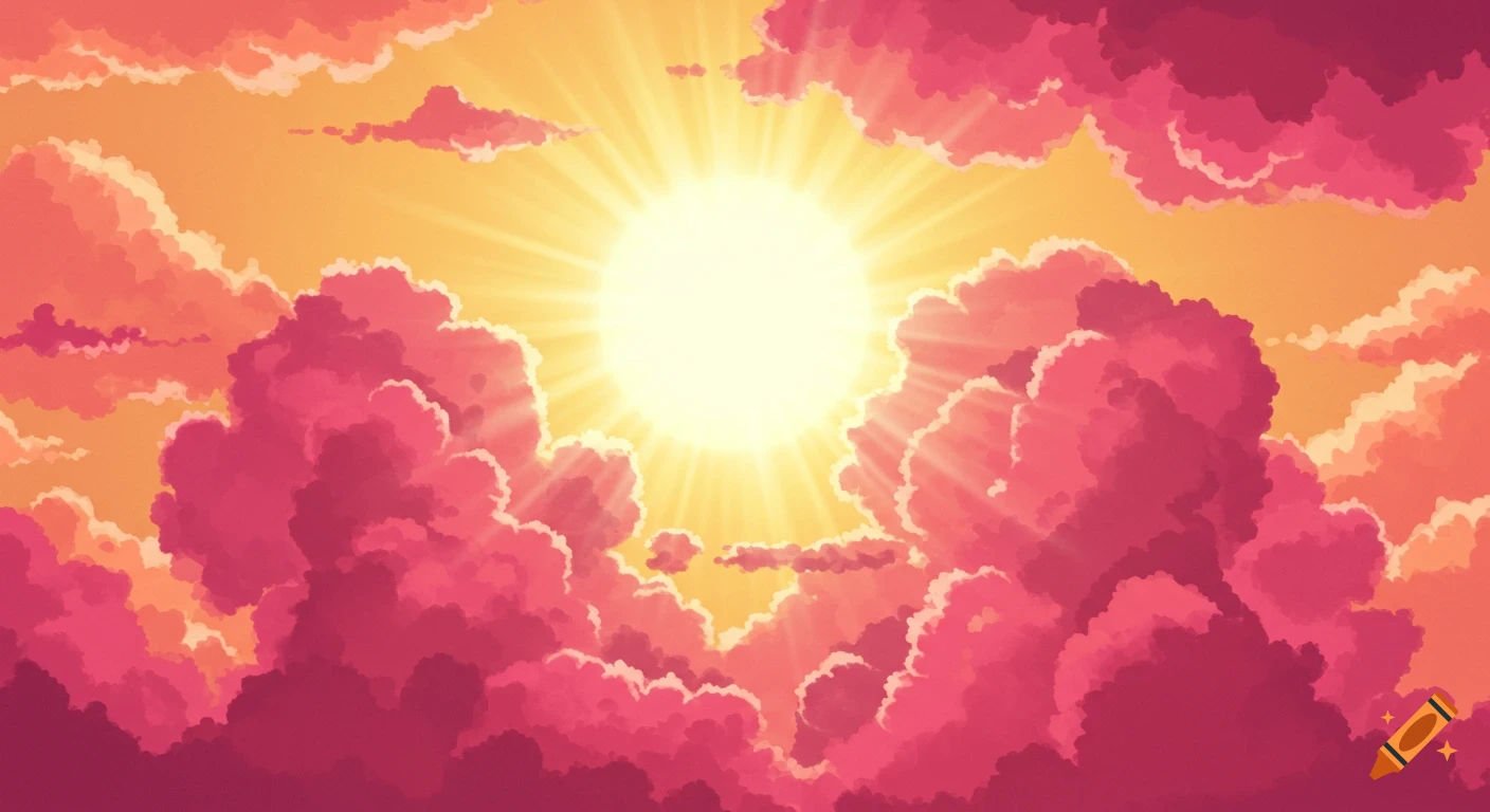 Radiant golden sun shines through rich pink and orange clouds.