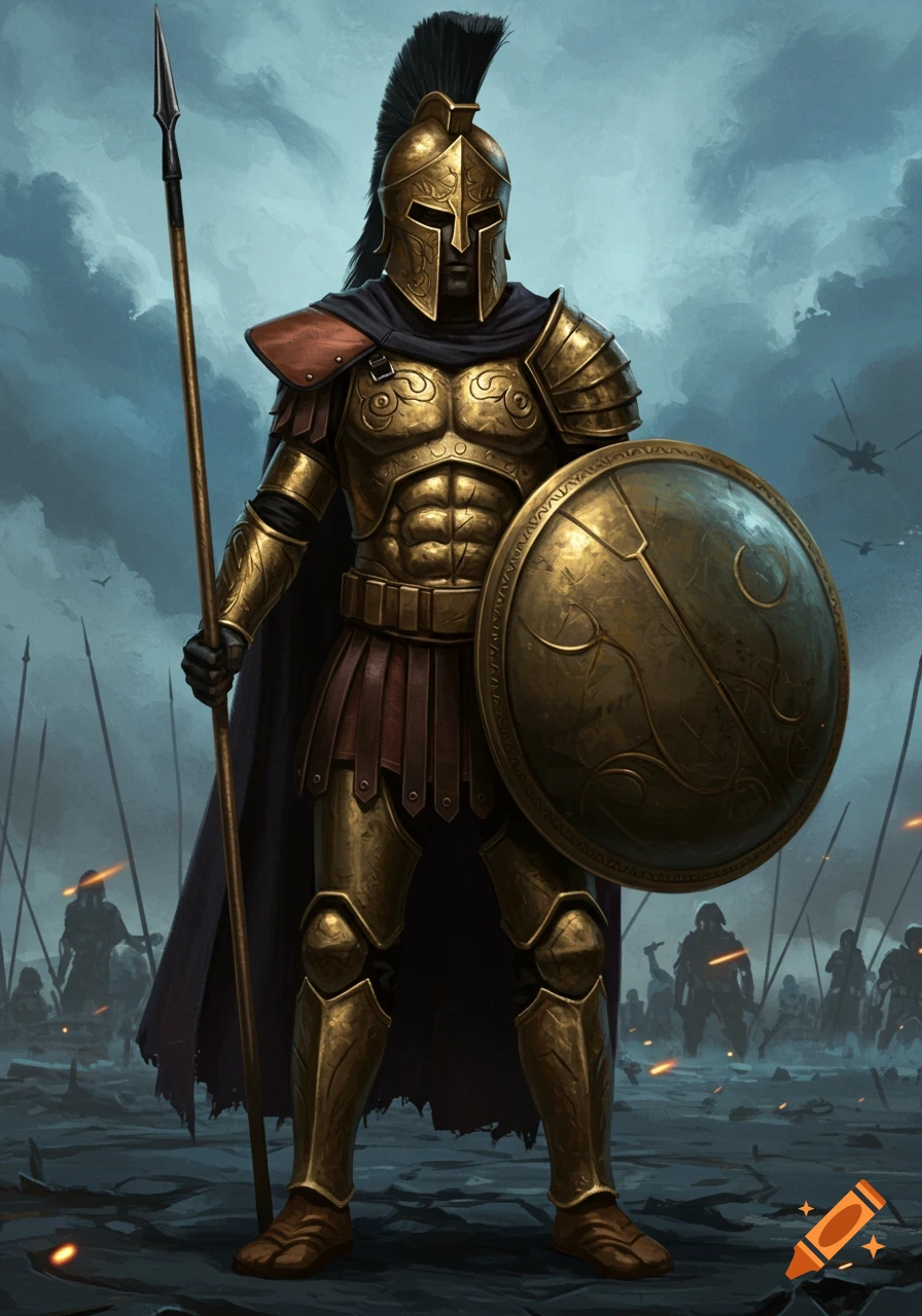 A powerful warrior in ornate golden Spartan armor holds a spear and shield, standing on a battlefield with other soldiers.