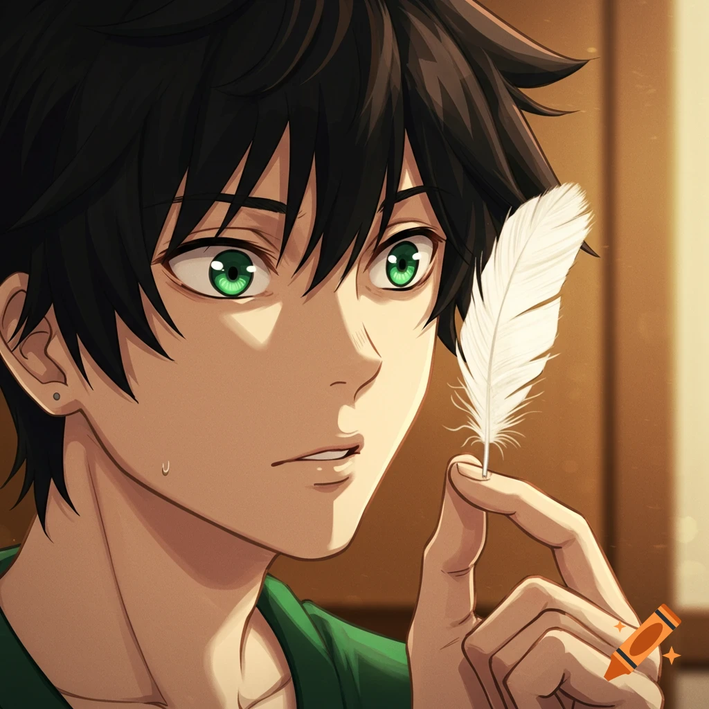 Close-up anime portrait of a black-haired male character with green eyes, curiously examining a white feather.