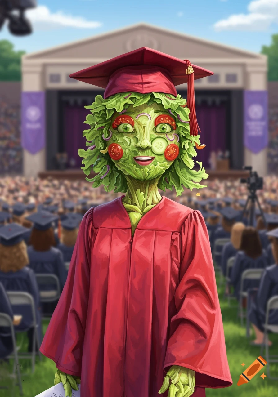 Illustration of a person with a salad head in a red graduation gown and cap at a ceremony.