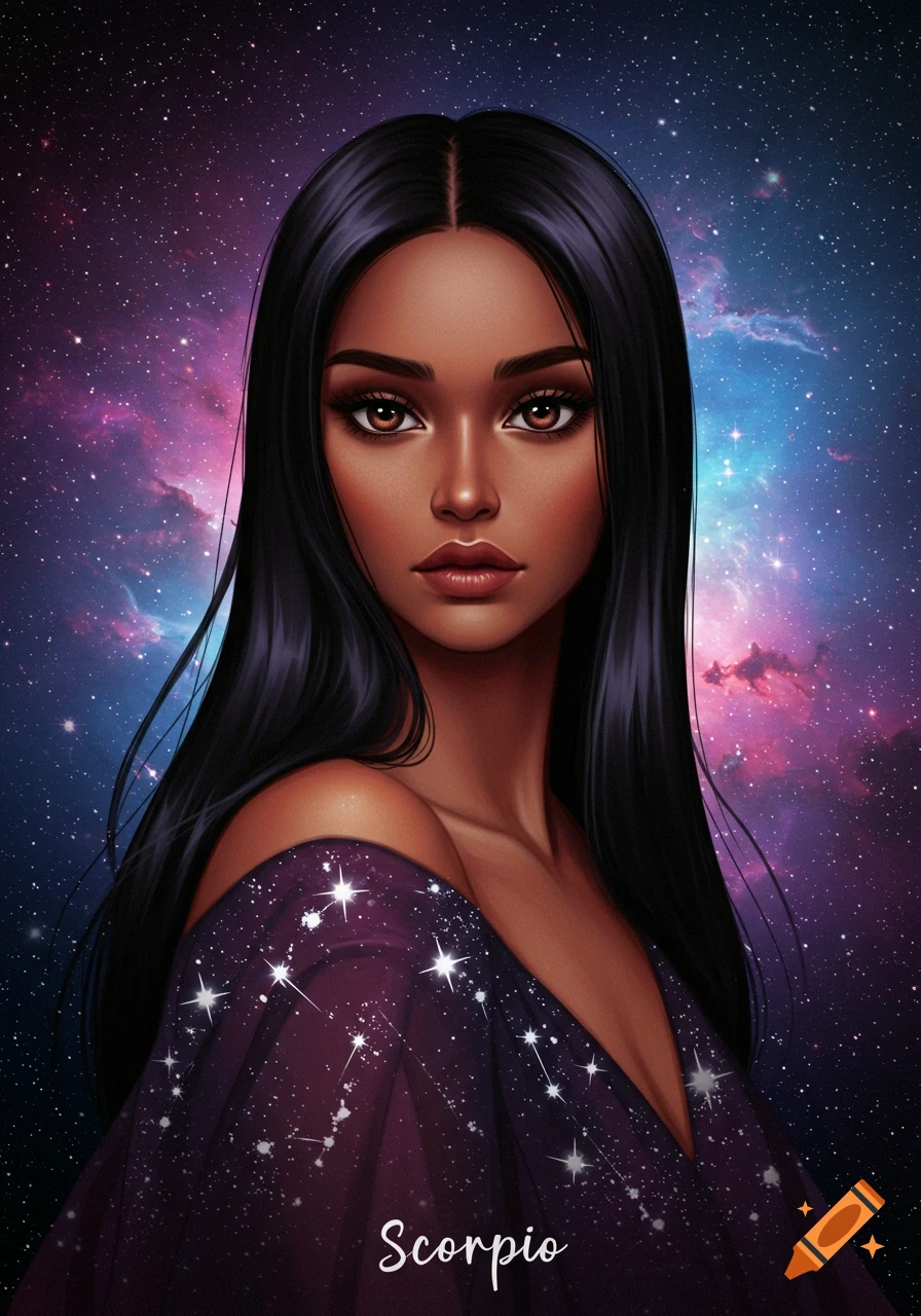A beautiful woman with long dark hair and brown eyes against a vibrant space nebula background, wearing a starry purple outfit. The word 'Scorpio' is written at the bottom.