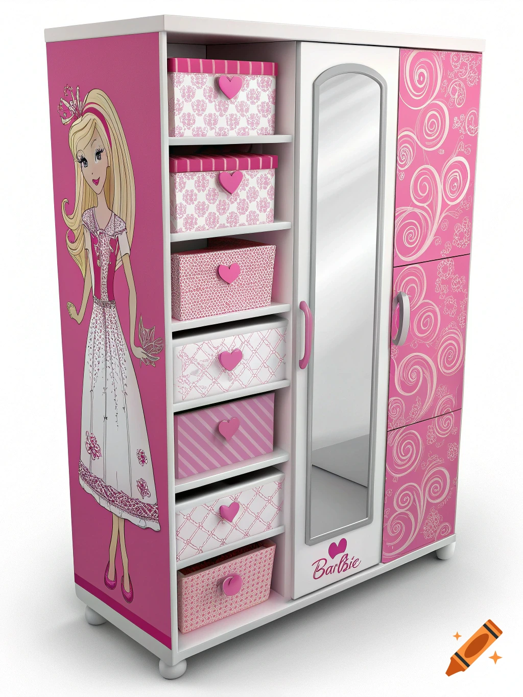 A pink and white Barbie-themed tall cabinet with shelves, drawers, a mirror, and a Barbie doll illustration on the side.
