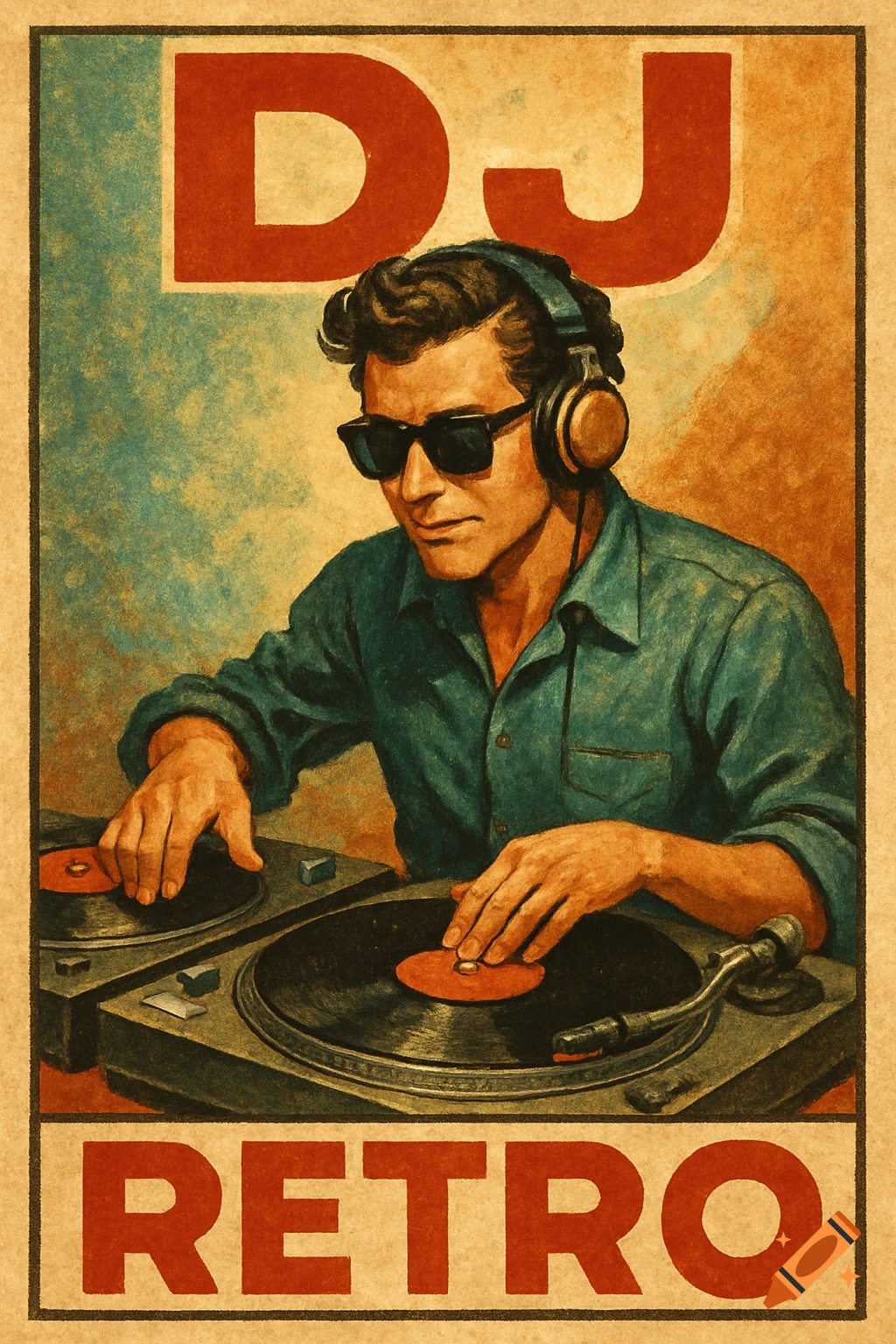 A retro-style poster featuring a male DJ wearing headphones and sunglasses, scratching records on two turntables, with 'DJ' at the top and 'RETRO' at the bottom.
