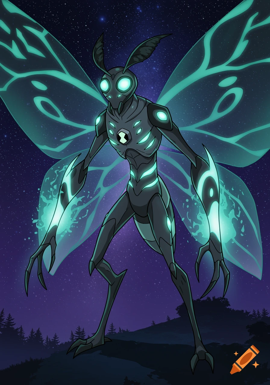 A Ben 10 alien resembling a Mothman-like creature with glowing green eyes and wings, standing under a starry night sky.