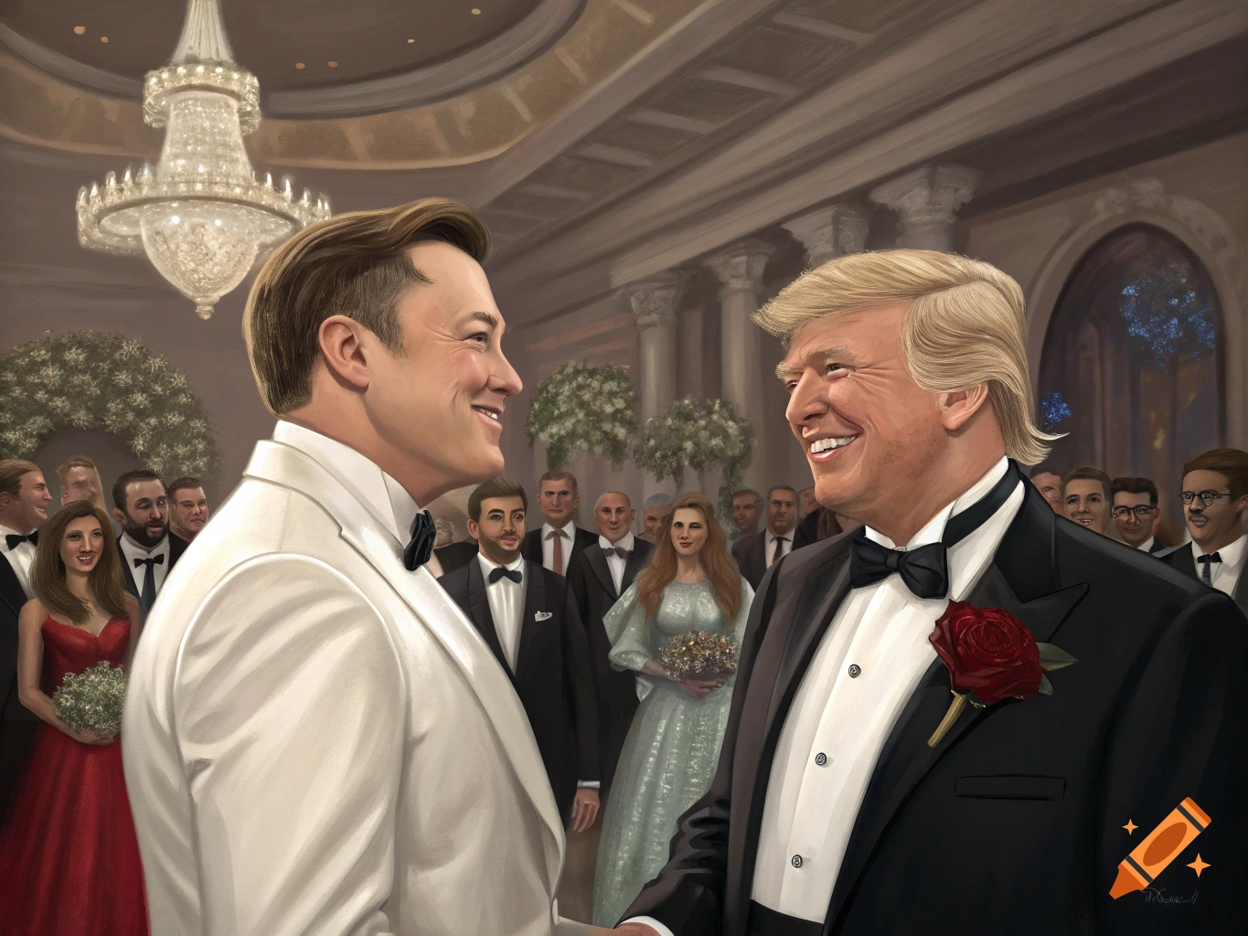 A realistic painting of Elon Musk in a white tuxedo and Donald Trump in a black tuxedo, smiling at each other at a formal event.