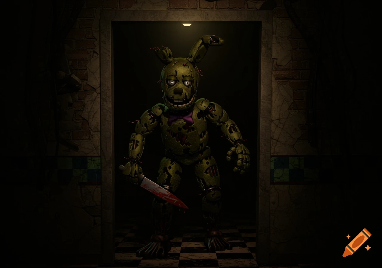 Springtrap, a dilapidated green animatronic rabbit with glowing eyes, stands in a dark doorway holding a bloody knife.
