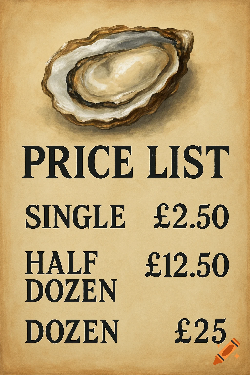 An illustrated oyster sits above a price list for single, half dozen, and dozen oysters, on textured paper.